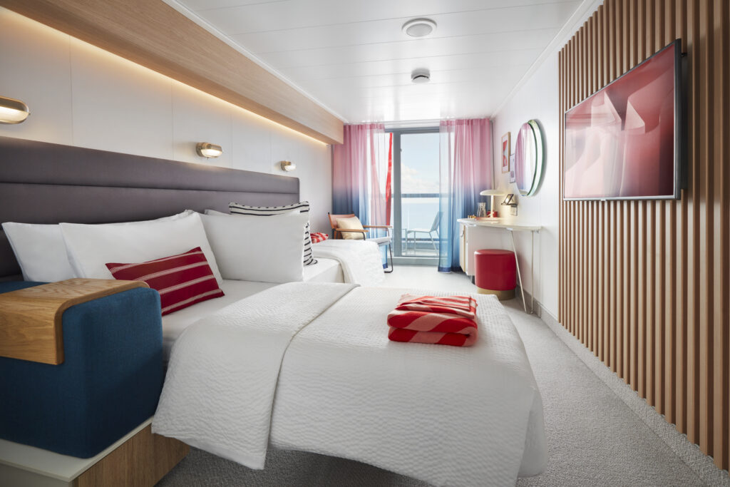 Sea Terrace cabin on Virgin Voyages cruise ship with balcony hammock.