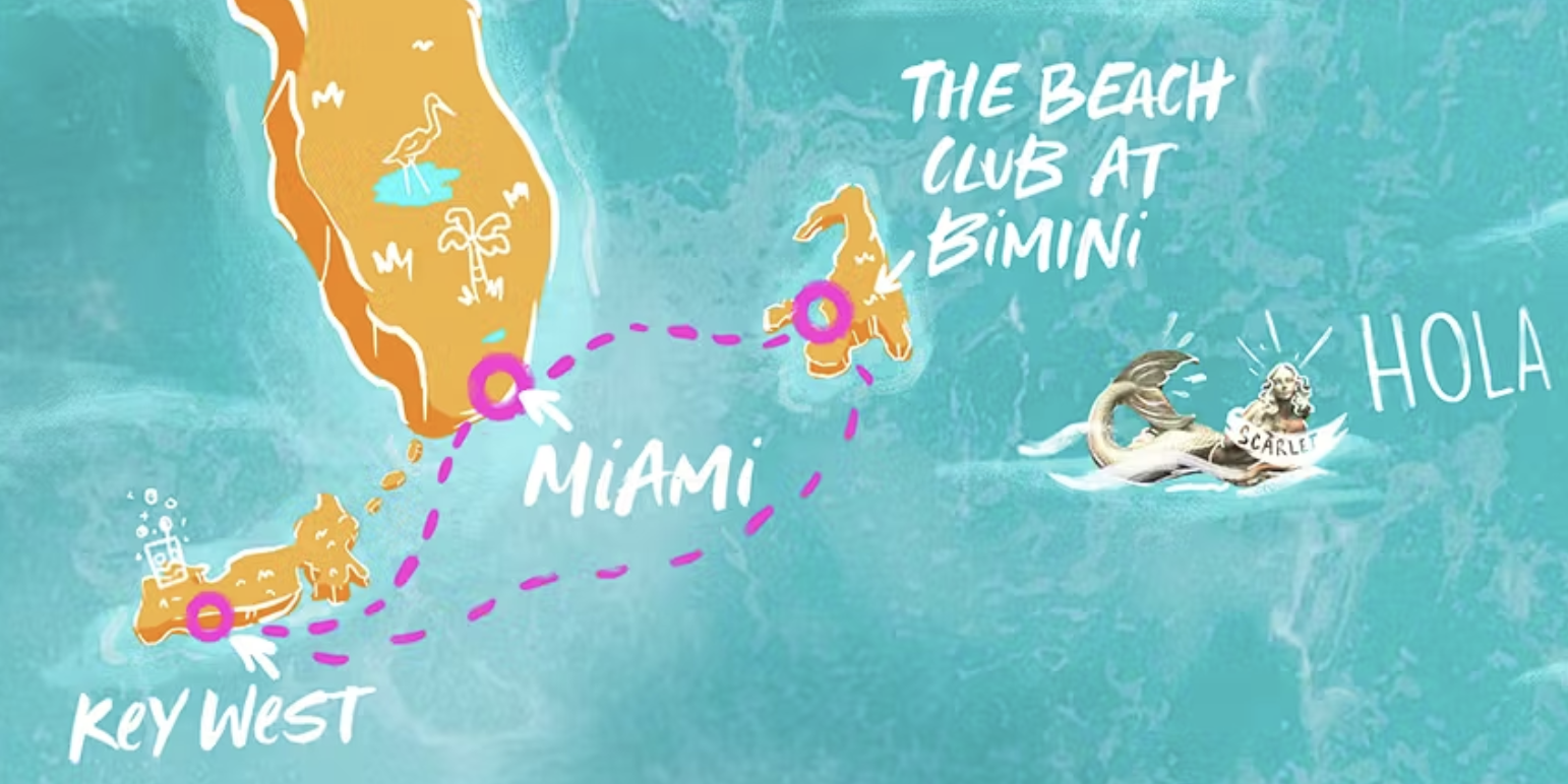 Virgin Voyages Fire & Sunset Soirée itinerary map – Miami, Key West, and Bimini.