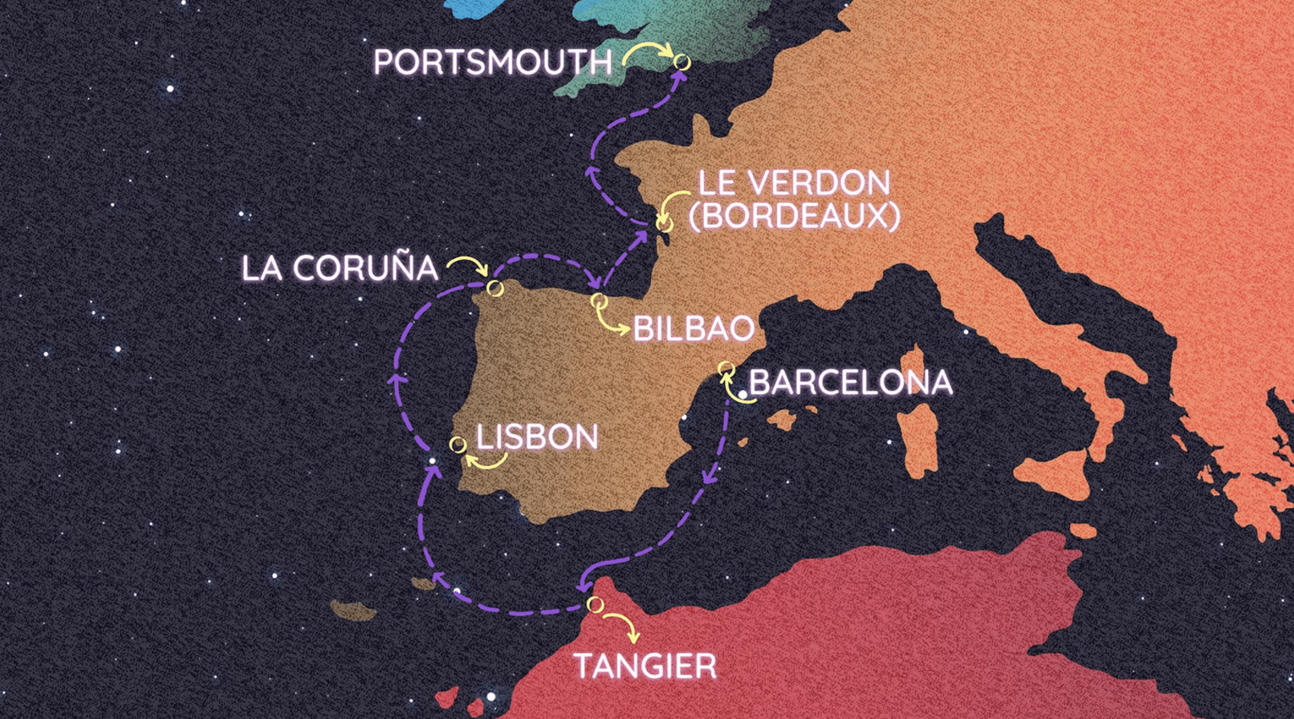 Moroccan Marvels & Mediterranean Wonders Barcelona • At Sea • Tangier • Lisbon • Lisbon • At Sea • La Coruña • Bilbao • Bordeaux (Le Verdon) • At Sea • Portsmouth