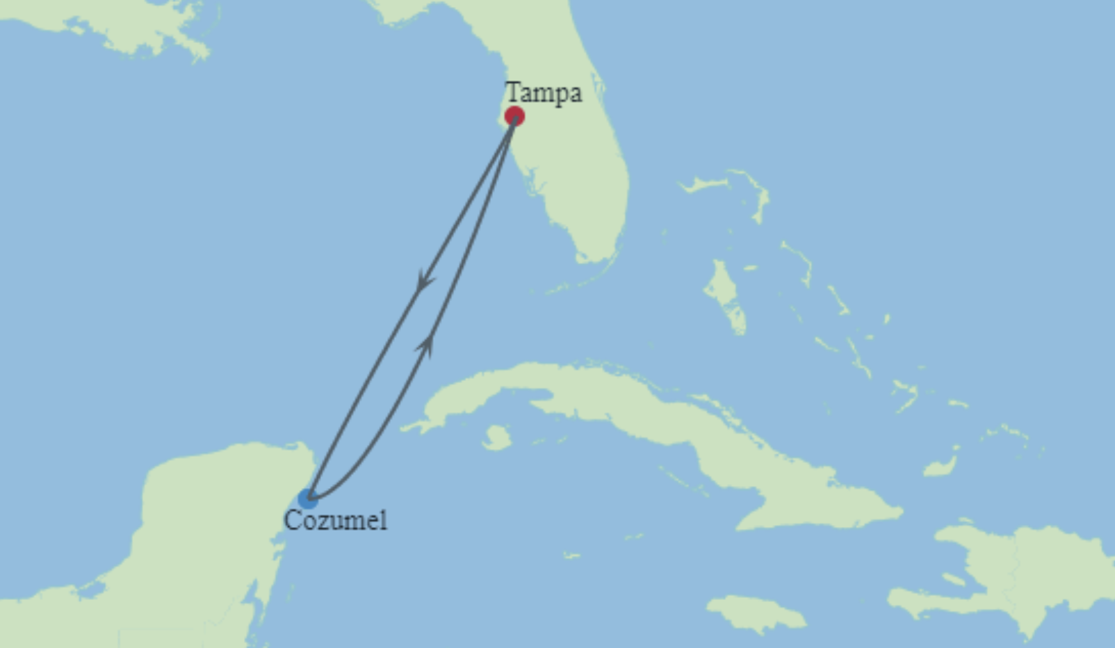 Western Caribbean cruise map showing roundtrip sailing from Tampa, Florida to Cozumel, Mexico aboard Radiance of the Seas.