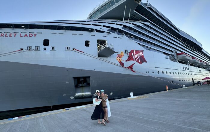 Virgin Voyages Lady Ship docked at the cruise terminal on turnaround day between back-to-back Virgin Voyages cruises